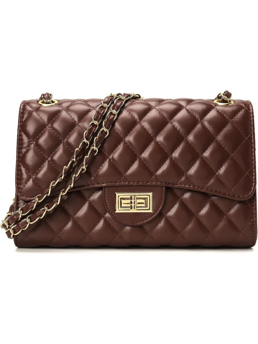 Women's Brown Quilted Leather Satchel Chain Strap Crossbody Shoulder Bag